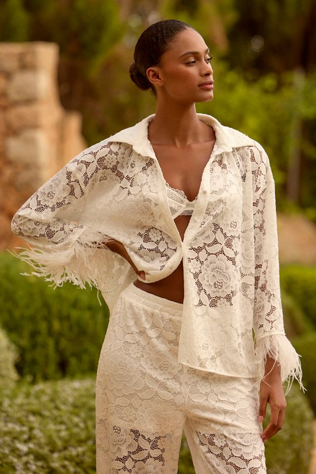 Hutch Faux-Feather Trim Lace Pajama Set #1