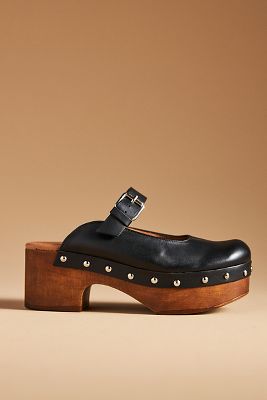 BY ANTHROPOLOGIE WOOD-BOTTOM MULE HEELS 