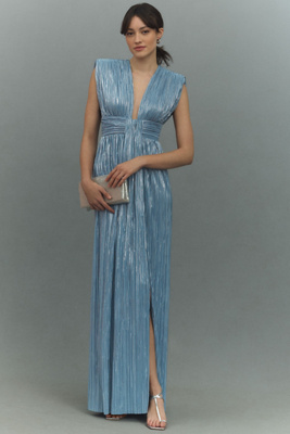 ロイヤルライトサテントップス Sabina Musayev Emmeline V-Neck Pleated Lurex Maxi Dress