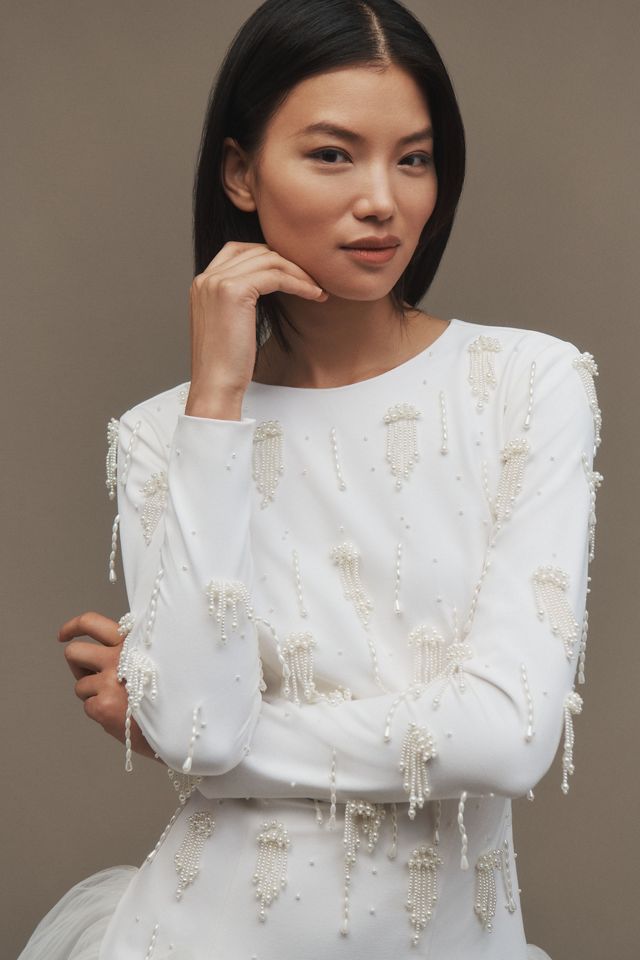 BHLDN Pearl-Embellished Long-Sleeve Drop-Waist Mini Dress #2