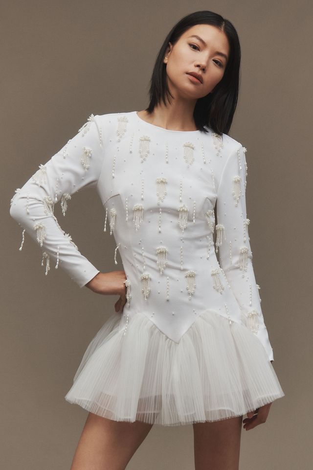 BHLDN Pearl-Embellished Long-Sleeve Drop-Waist Mini Dress #3