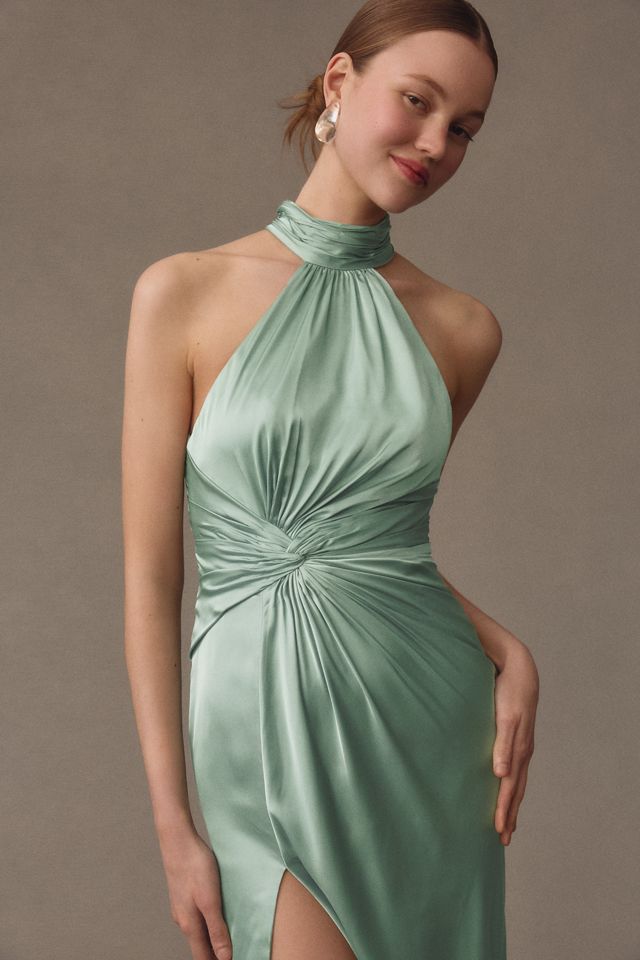 Ieena for Mac Duggal High-Neck Open-Back Ruched Side-Slit Satin Maxi Dress #2
