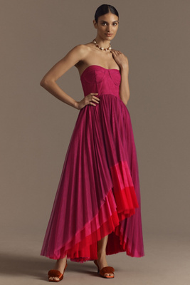 HUTCH CALLOWAY STRAPLESS BUSTIER TULLE MAXI DRESS 