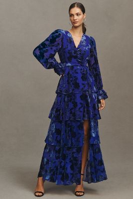 HUTCH BARDOT LONG-SLEEVE V-NECK VELVET BURNOUT WRAP TIERED MAXI DRESS 