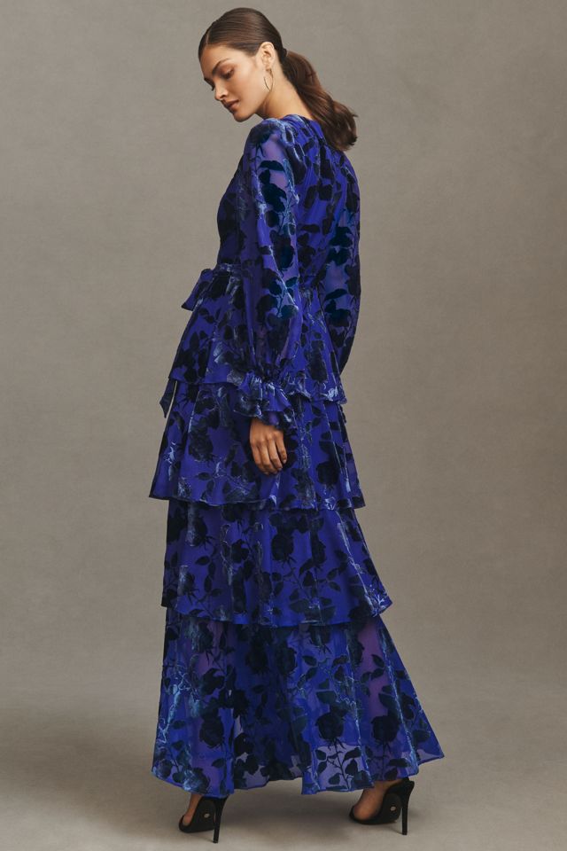 Hutch Bardot Long-Sleeve V-Neck Velvet Burnout Wrap Tiered Maxi Dress #1