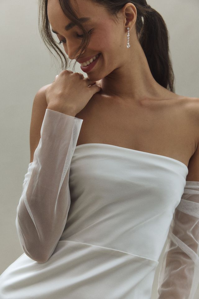 BHLDN Off-The-Shoulder Tulle-Sleeve Satin Mini Dress #2