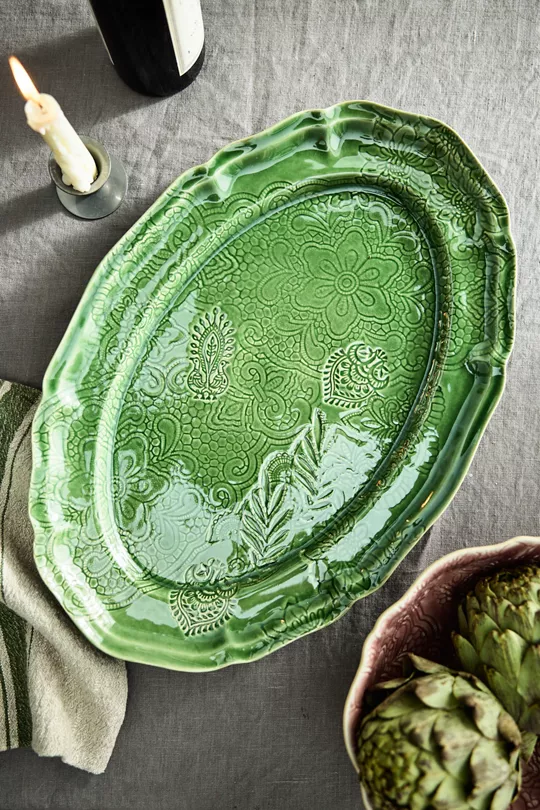 Green Floral Stoneware Serving Platter