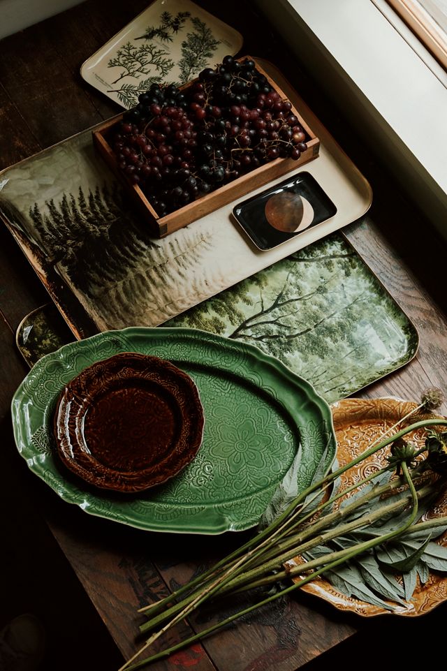 Green Floral Stoneware Serving Platter #1