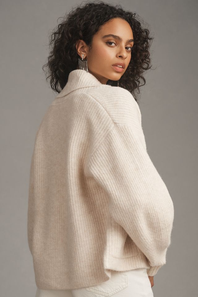 Flat White Ribbed Roll Collar Cardigan Sweater #1