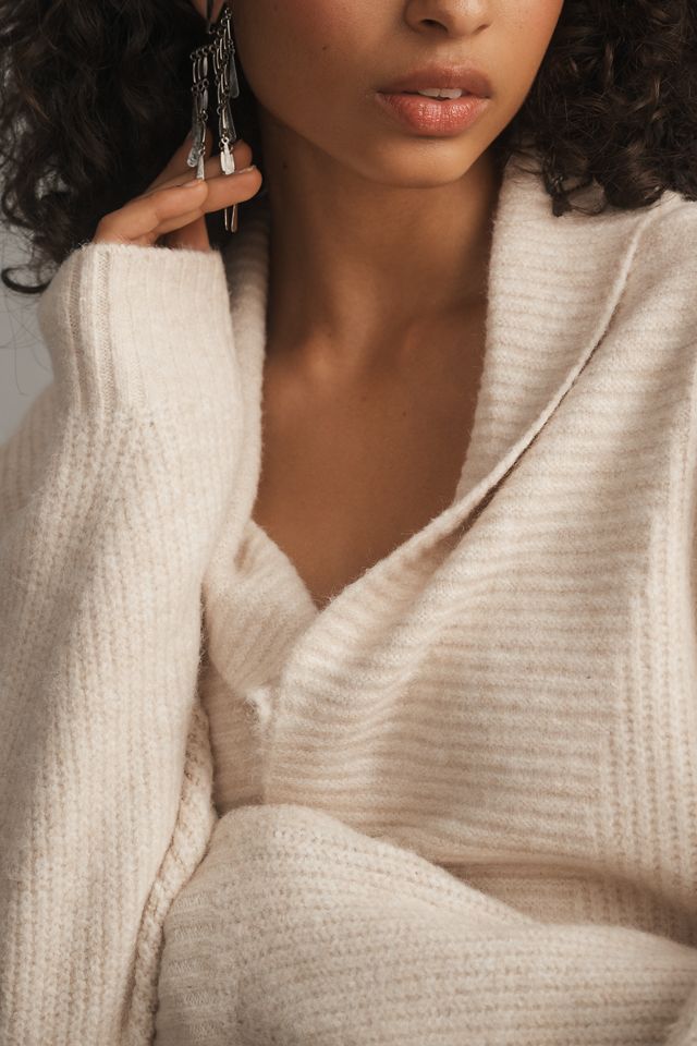 Flat White Ribbed Roll Collar Cardigan Sweater #3