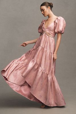 Shop V. Chapman Emma V-neck A-line Brocade Cutout Maxi Dress In Pink