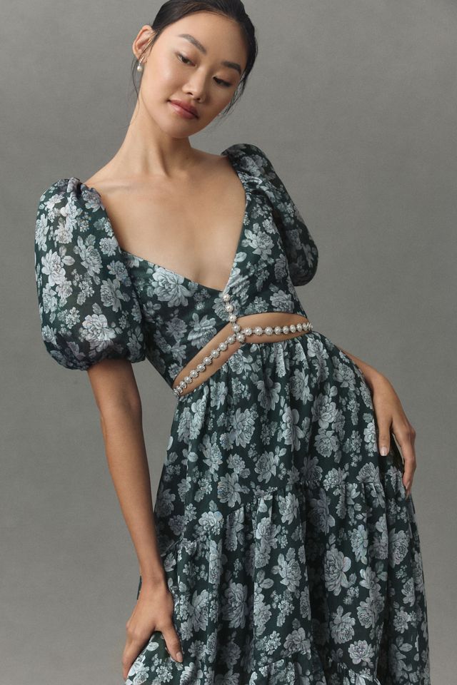 V. Chapman Emma V-Neck A-Line Brocade Cutout Maxi Dress #4