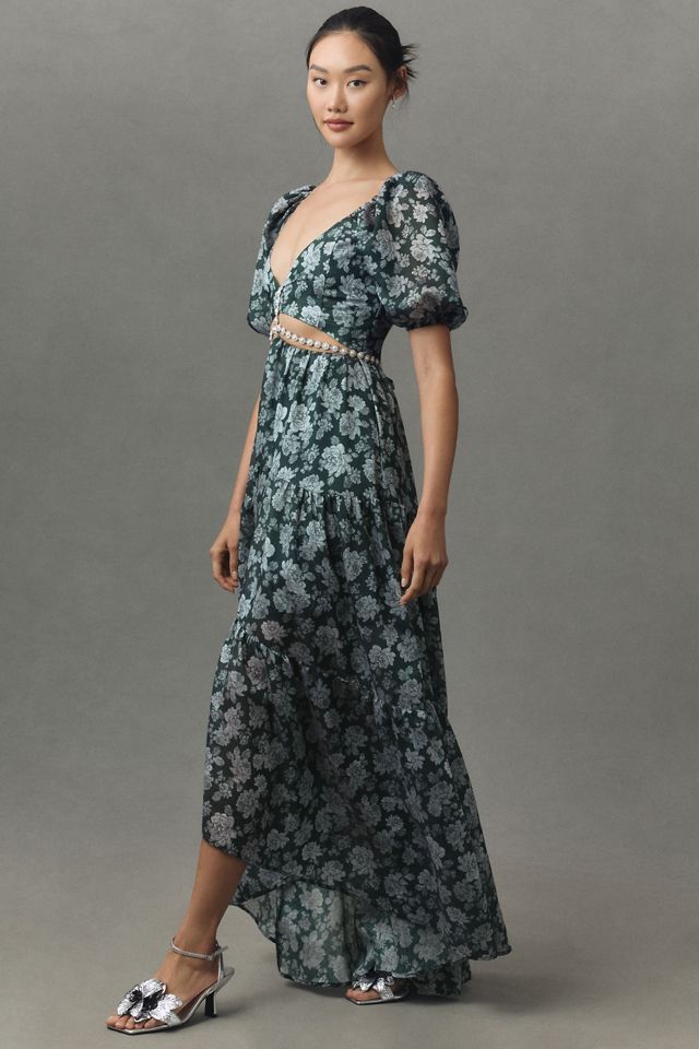 V. Chapman Emma V-Neck A-Line Brocade Cutout Maxi Dress #5