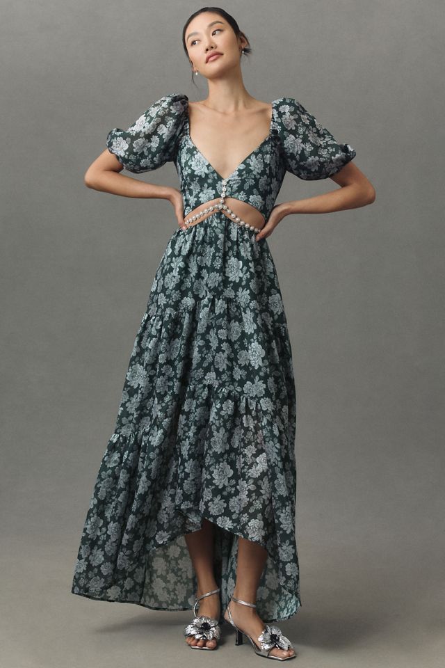 V. Chapman Emma V-Neck A-Line Brocade Cutout Maxi Dress #2
