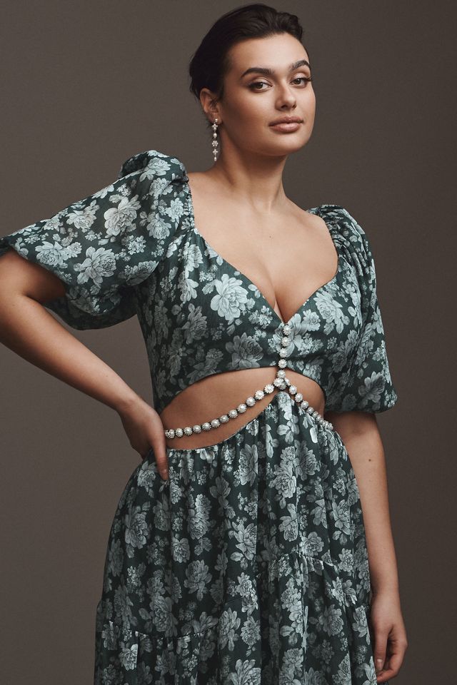 V. Chapman Emma V-Neck A-Line Brocade Cutout Maxi Dress #8