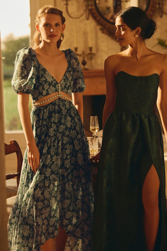V. Chapman Emma V-Neck A-Line Brocade Cutout Maxi Dress #1