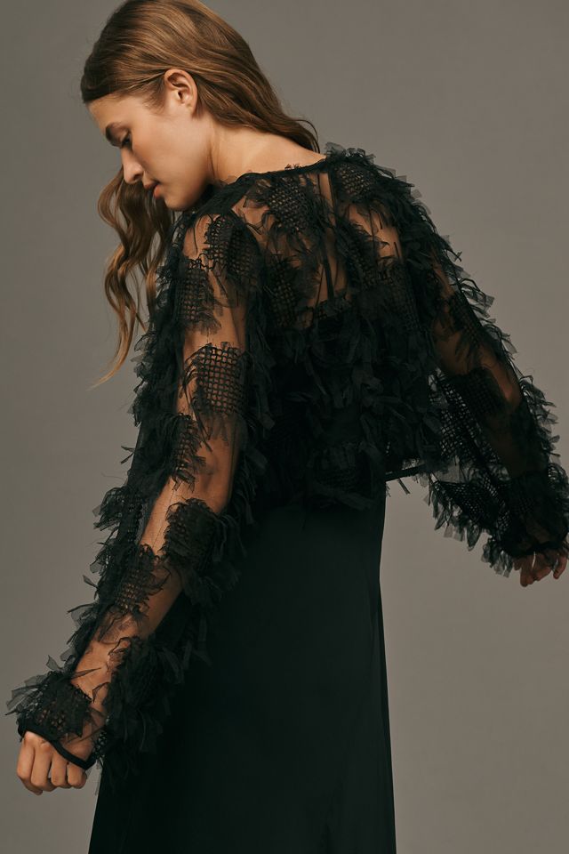 By Anthropologie Long-Sleeve Embellished Sheer Top #1