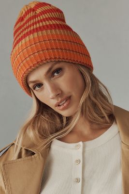 By Anthropologie Ribbed Stripe Beanie In Orange