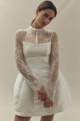 BHLDN LONG-SLEEVE HIGH-NECK LACE FIT & FLARE MINI DRESS 