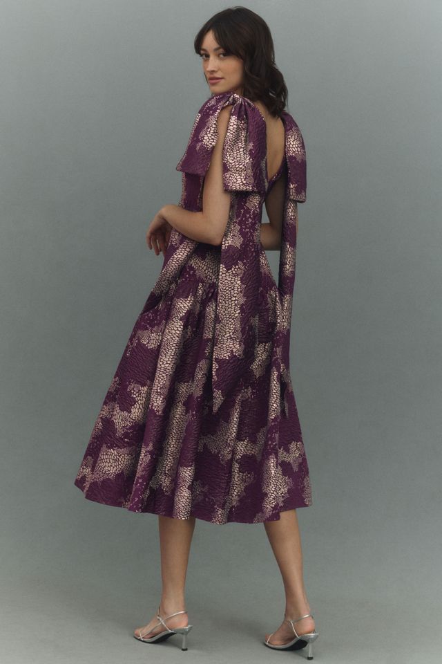 BHLDN Violet Jacquard Shoulder-Tie Fit & Flare Midi Dress #1