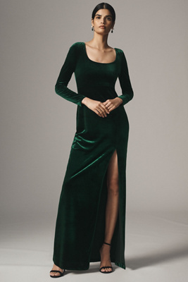 BHLDN BELLA LONG-SLEEVE SCOOP-NECK SIDE-SLIT STRETCH VELVET MAXI DRESS 