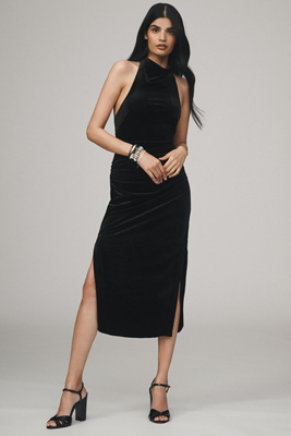 BHLDN HOLLY HALTER STRETCH VELVET MIDI DRESS 