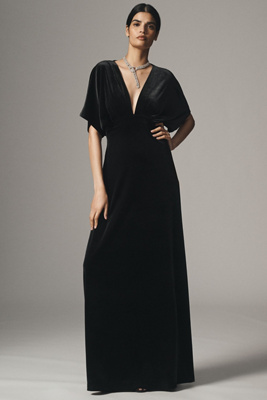 BHLDN AMELIA DEEP-V STRETCH VELVET MAXI DRESS 