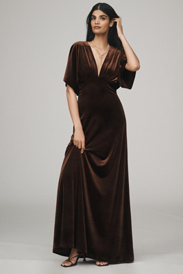 BHLDN AMELIA DEEP-V STRETCH VELVET MAXI DRESS 