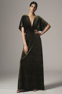 BHLDN AMELIA DEEP-V STRETCH VELVET MAXI DRESS 