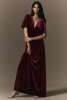 BHLDN AMELIA DEEP-V STRETCH VELVET MAXI DRESS 