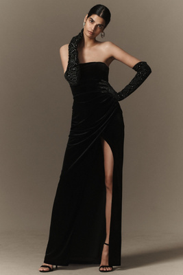 BHLDN LUELLA STRAPLESS SIDE-SLIT STRETCH VELVET MAXI DRESS 