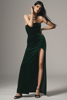 BHLDN LUELLA STRAPLESS SIDE-SLIT STRETCH VELVET MAXI DRESS 