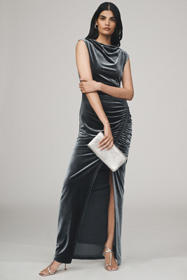 BHLDN FRANCESCA HIGH-NECK STRETCH VELVET MAXI DRESS 