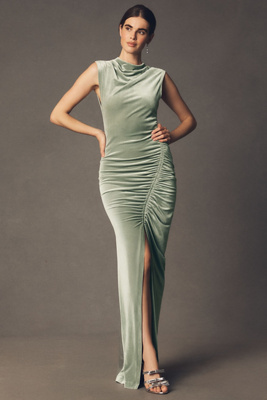 Bhldn Francesca High-neck Stretch Velvet Maxi Dress In Green