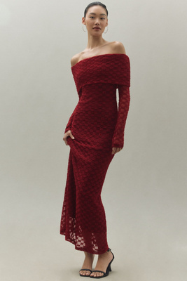 Bardot Adoni Off-the-shoulder Fitted Stretch Lace Midi Dress In Red