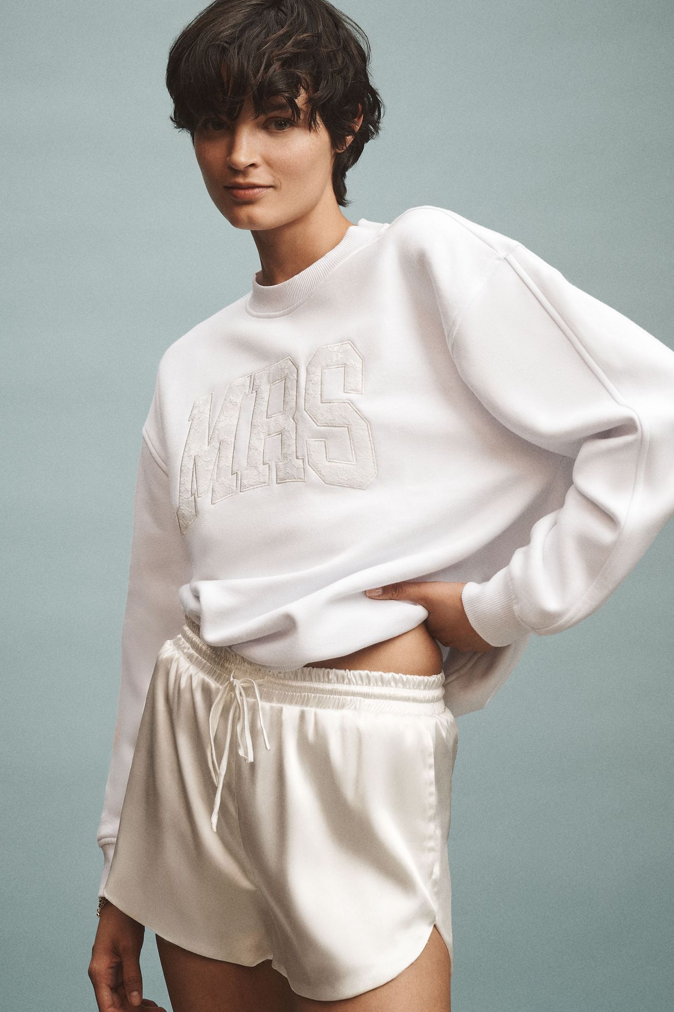 By Anthropologie Weddings Mrs. Lace Crew-Neck Sweatshirt - White, XS