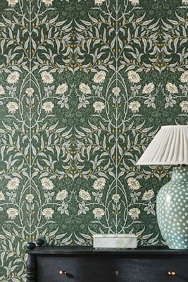 Blue Stenciled Floral Vintage Prepasted Wallpaper