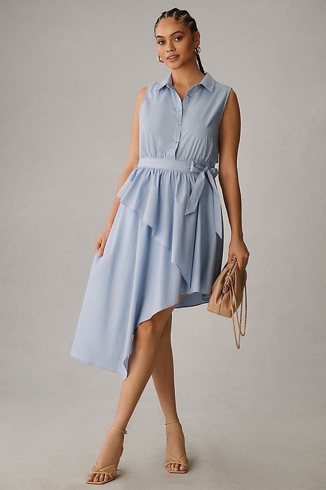 asymmetrical shirt dress Light Misty Grey La Garonne but never ordinary. White and striped asymmetrical shirt
