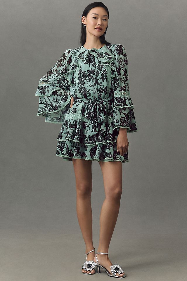long sleeve chiffon mini dress Cut Out Keyhole Off Shoulder, Laura in Chocolate, Size XS, For Brunch while the sheer long sleeves add an element of refined allure Ivory Ruffled Long Sleeve Mini