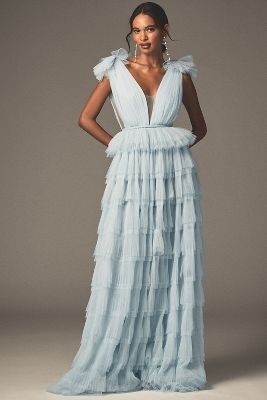 Sau Lee Sabrina V-neck A-line Tulle Gown