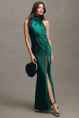SAU LEE PENELOPE HIGH-NECK BACKLESS SATIN GOWN 