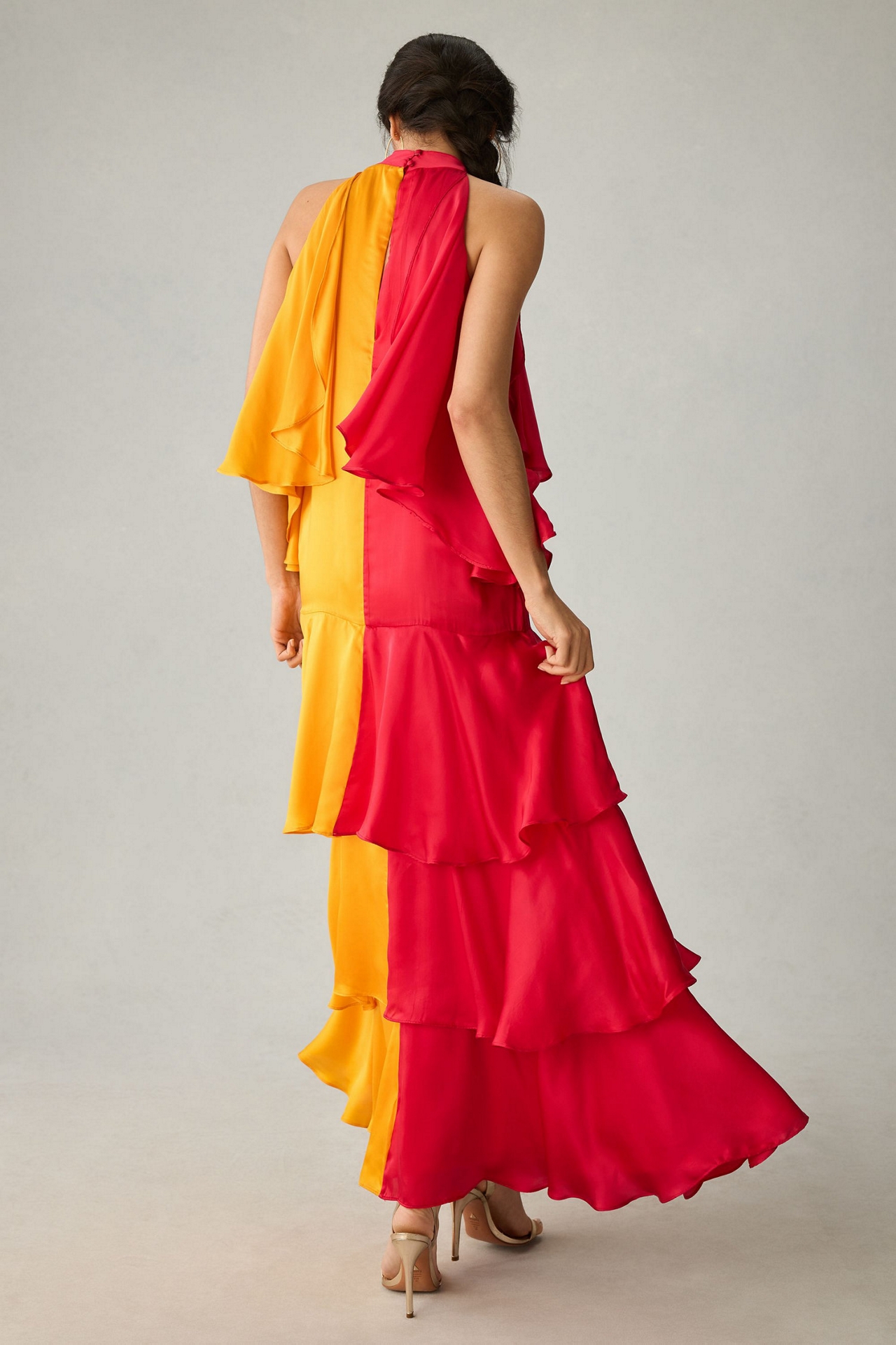 Pinnacle By Shruti Sancheti Mock-Neck Colorblock Ruffle Dress