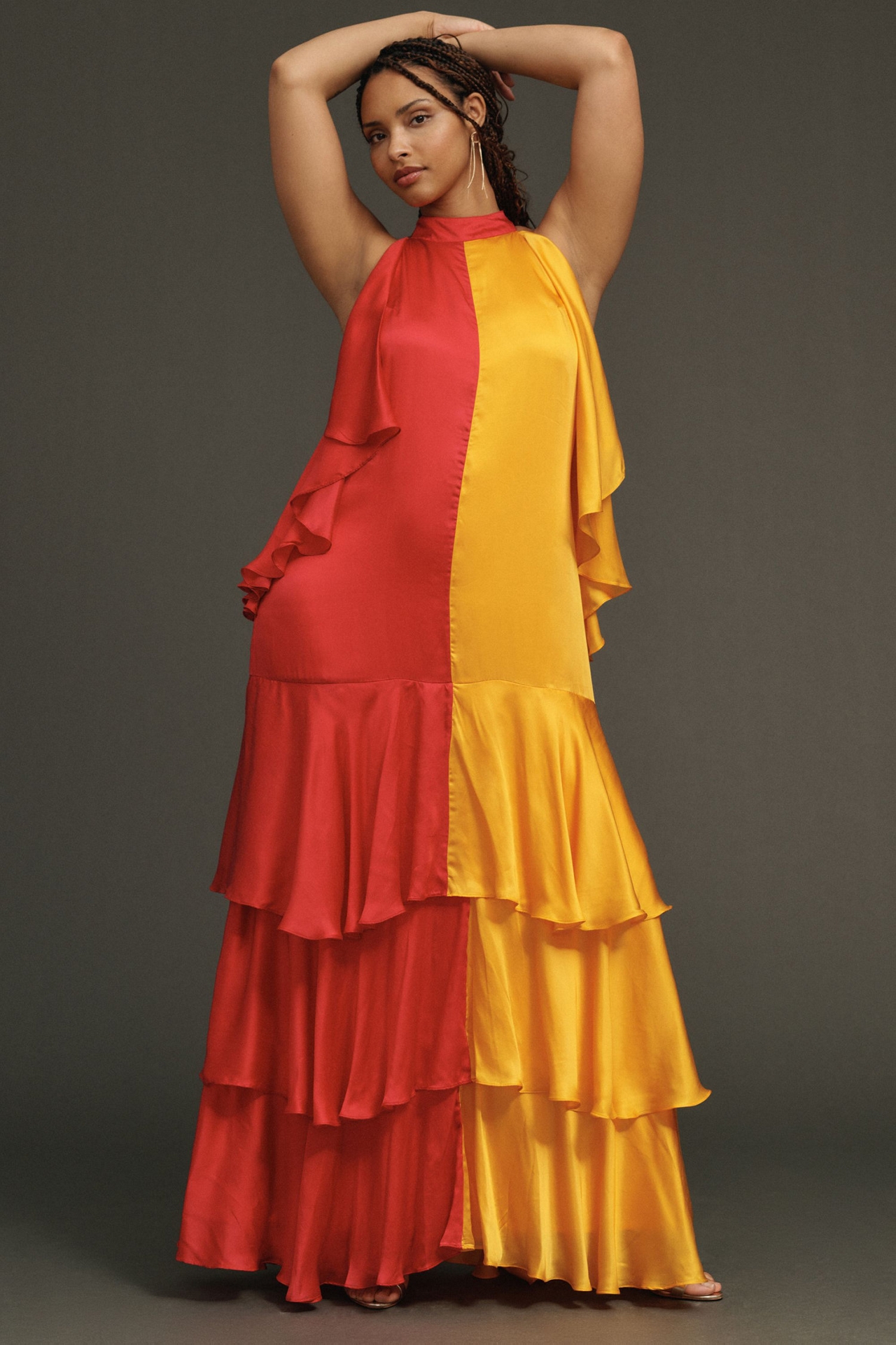 Pinnacle By Shruti Sancheti Mock-Neck Colorblock Ruffle Dress