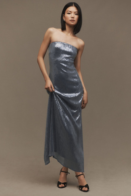Hutch Strapless Sequin Back-slit Column Midi Dress In Blue