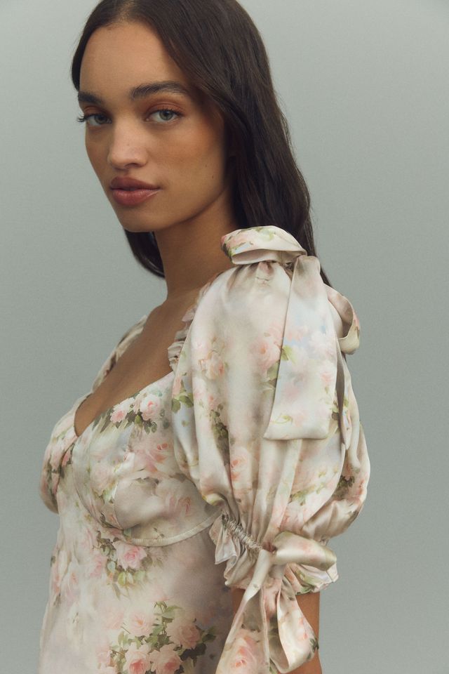 Selkie Poet Puff-Sleeve Sweetheart Silk Charmeuse Slip Midi Dress #2
