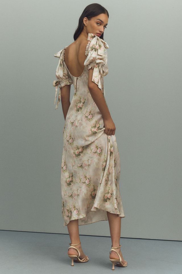 Selkie Poet Puff-Sleeve Sweetheart Silk Charmeuse Slip Midi Dress #1