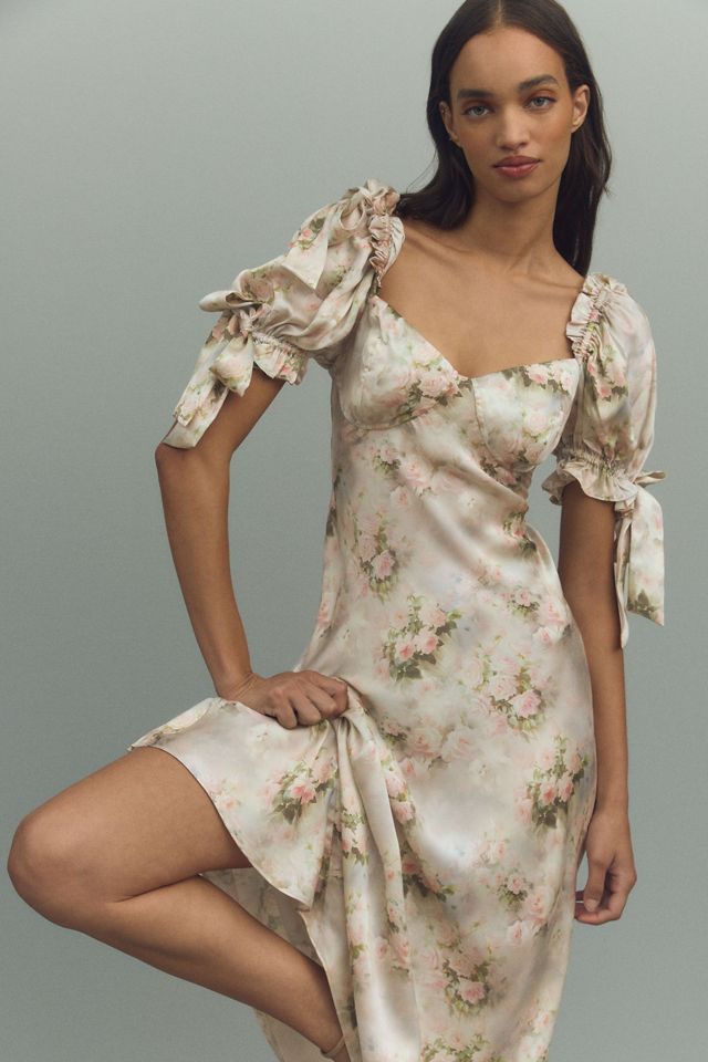 Selkie Poet Puff-Sleeve Sweetheart Silk Charmeuse Slip Midi Dress #3
