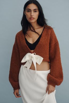 Shop Maeve Bouclé Bow-front Cardigan Sweater In Orange