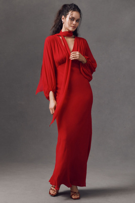 Shona Joy Amina Plunge-neck Balloon-sleeve Maxi Dress In Red