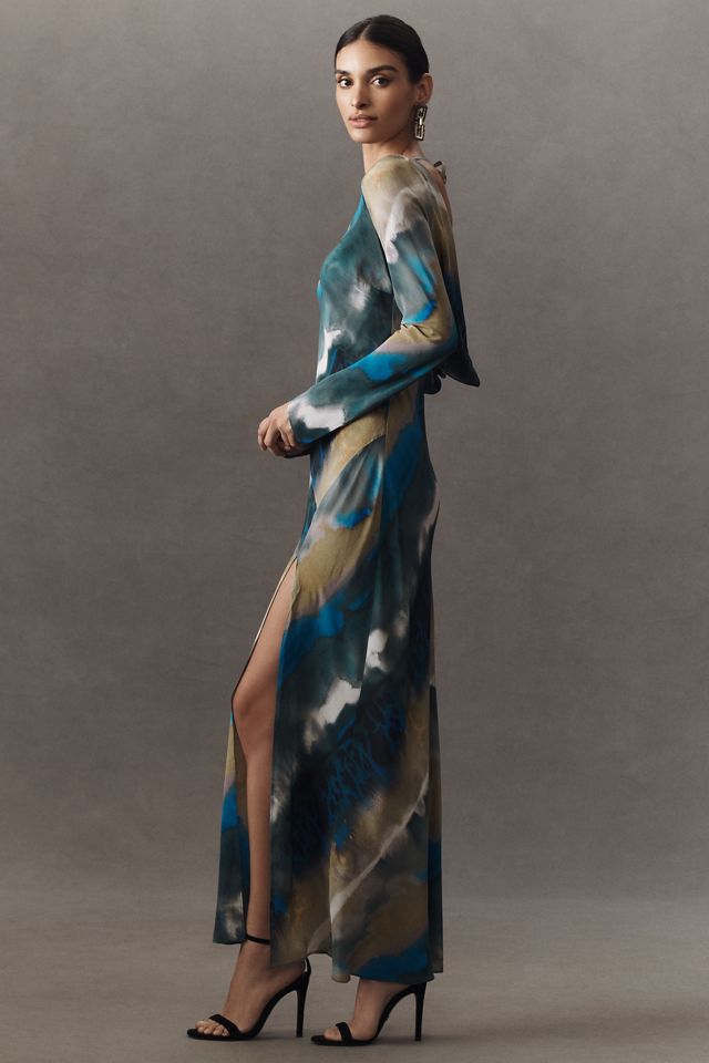 Shona Joy Jardin Boat-Neck Backless Split Silk Maxi Dress #4